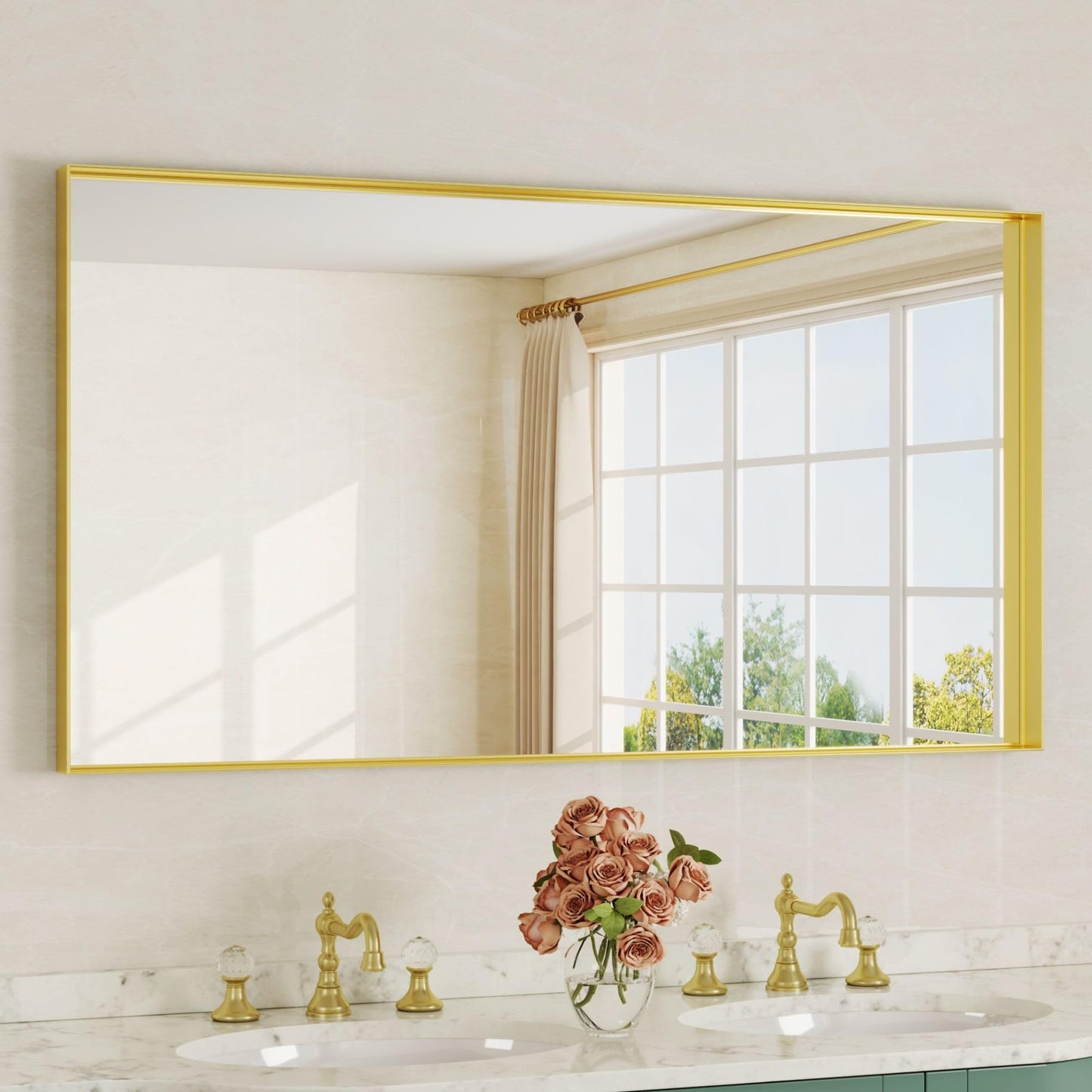 Furnbar Gold Bathroom Mirror 55x30 Inch, Rectangle Mirror with Metal Deep Frame, Wall Mirrors for Over Sink, Vanity, Bedroom, Bathroom, Hangs Horizontally or Vertically