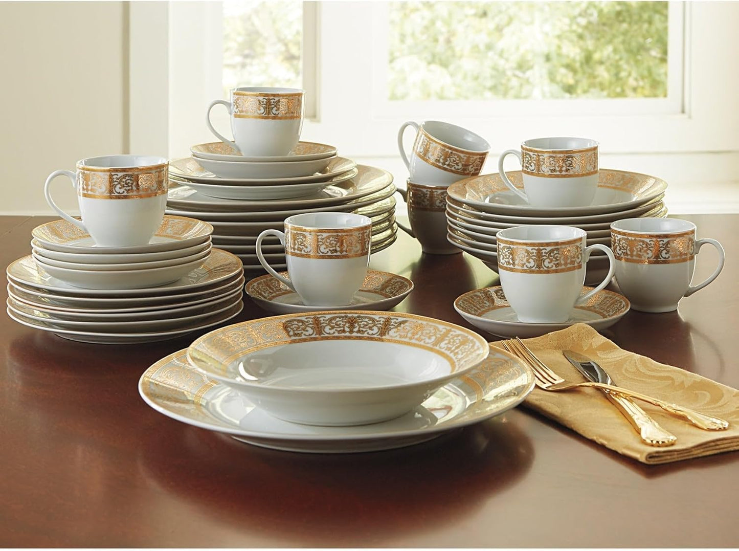 BrylaneHome Medici 40-Piece Premium Golden Porcelain Dinnerware Gold White Set (Service For 8) Includes Dinner Dessert Plates Bowls Saucers Mugs Cups - Gold White