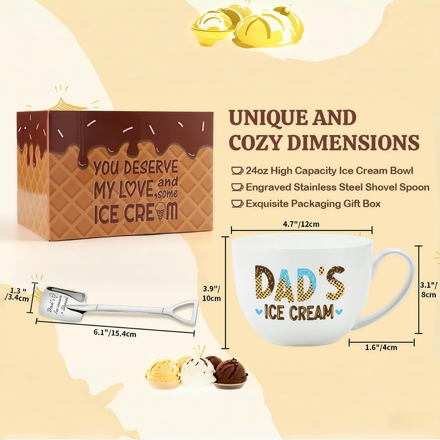 Hithespo Gifts for Dad from Daughter Son Wife, Dad’s Ice Cream Bowl Engraved Shovel Set, Dad Birthday Gifts, Personalized Gift for Dads Anniversary Fathers Day, Gift for Step/New/Bonus Dads Papa, 24oz