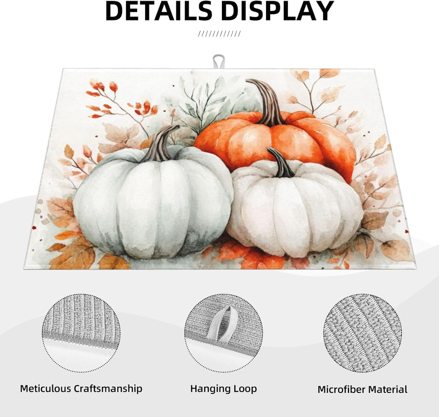 Dish Drying Mat for Kitchen Watercolor Pumpkin Fall Thanksgiving Counter Absorbent Dishes Drainer Microfiber Large 18x24 Inch