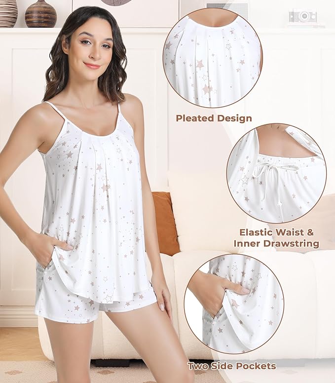 NACHILA Pajamas for Women-Viscose from Bamboo, Ribbed Racerback Tank Top Sexy Split Shorts Pajama Sets Cooling Sleep Cami Pjs