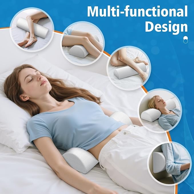 Large Knee Pillow for Side Sleepers, Half Moon Memory Foam Bolster Pillow for Legs,Ergonomic Design Wedge Elevation Pillow for Side & Back Sleeping,Under Knee Support,Foot,Ankle, Lumbar,White - 2 Pack