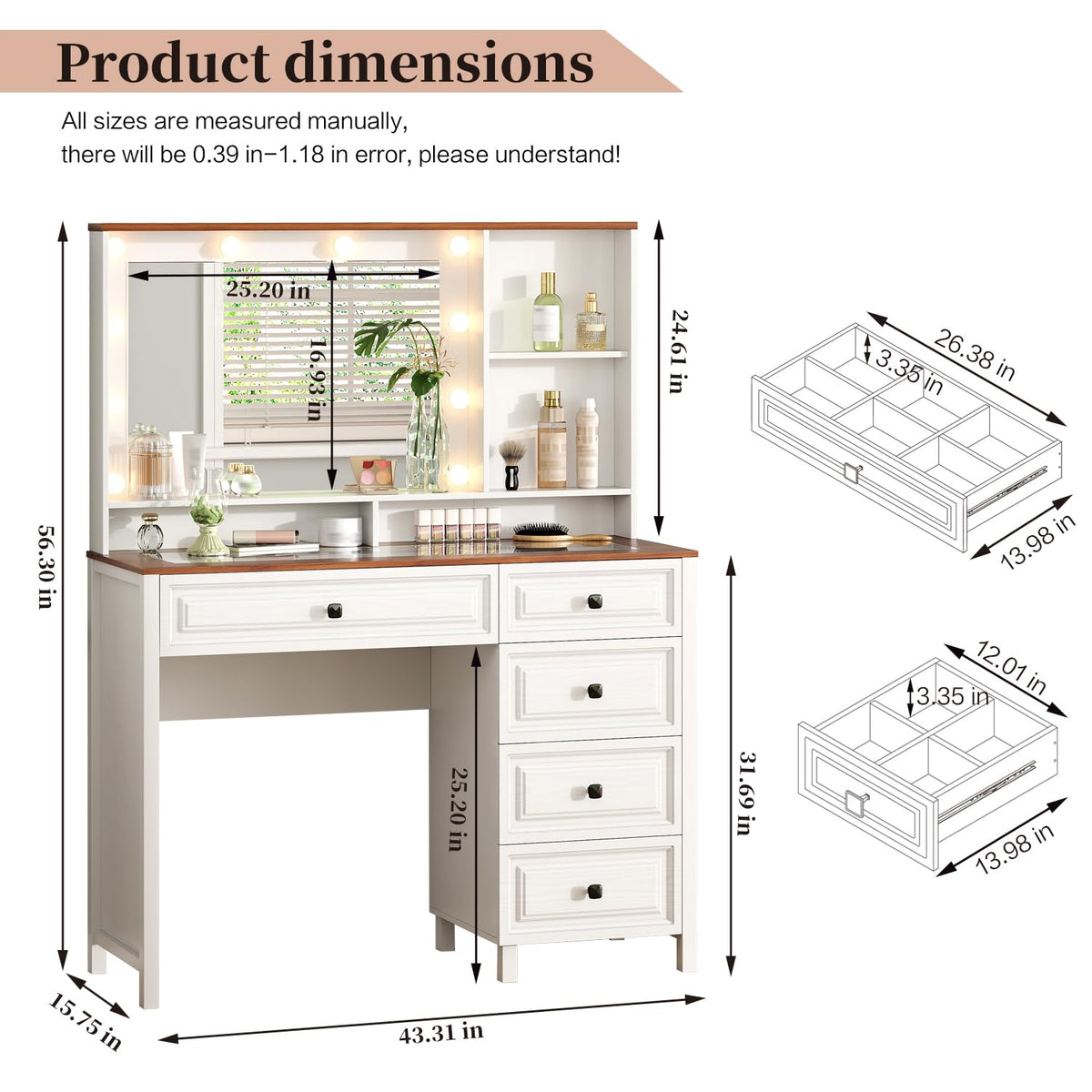 Arulvmrn 43" Large Vanity Desk with Mirror and Lights,Makeup Vanity with 10 Lights，Modern Makeup Table with 5 Drawers，Open Shelves for Bedroom Makeup Room