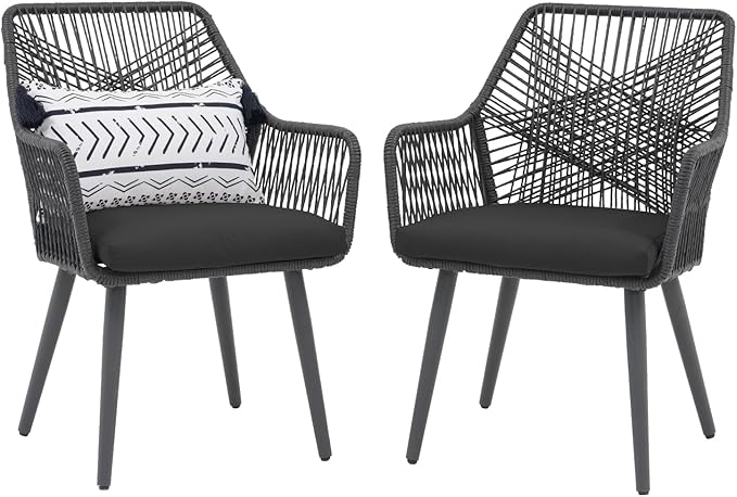 Patiorama Patio Dining Chair Set of 2,Woven Rope Outdoor Dining Chairs w/Steel Frame,All-Weather Twisted Rattan Chairs w/Armrest & Cushion,Outdoor Dining Wicker Chairs for Backyard Garden(Dark Grey)
