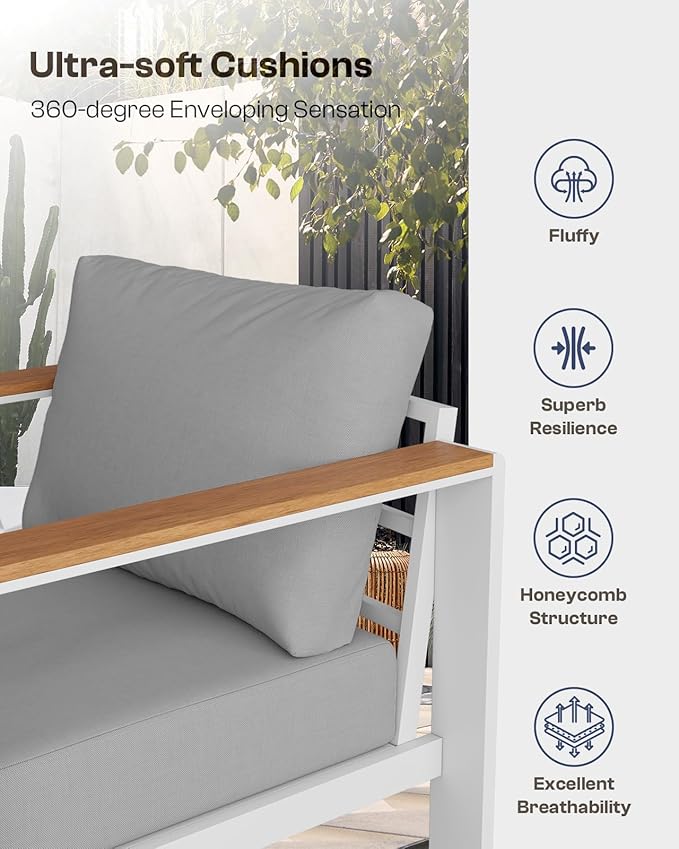 Oasbira Aluminum Outdoor Patio Furniture Loveseat, All-Weather Outdoor Patio Sofa with Washable Thick Cushion, Patio Sofa Couch for Porch, Balcony, Deck, Yard, White