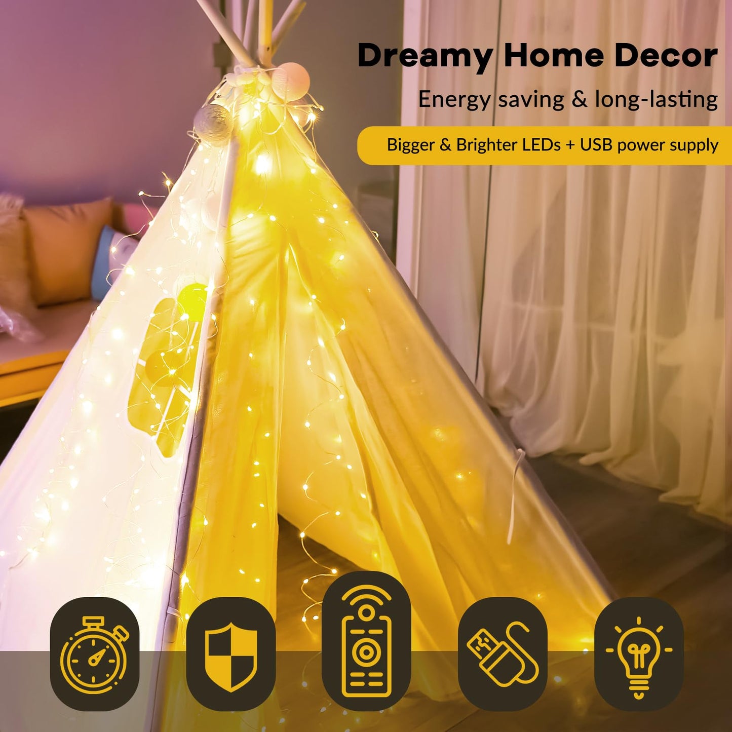 HXWEIYE 300LED Fairy Curtain Lights, 9.8x9.8Ft Warm White USB Plug in 8 Modes Christmas String Hanging Lights with Remote for Bedroom, Indoor, Outdoor, Weddings, Party