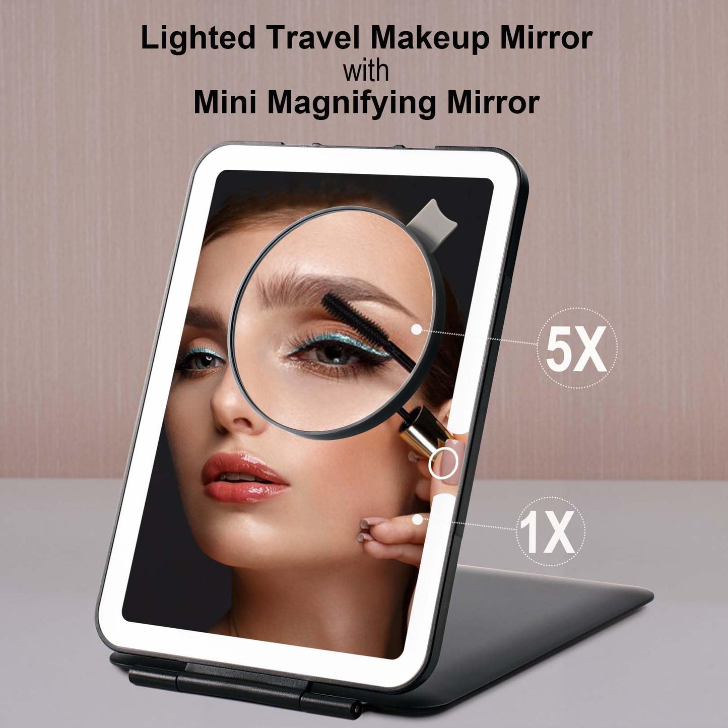 Travel Makeup Mirror with Lights, Rechargeable Portable Lighted Mirror, 3 Color Light Dimmable Touch Screen, 1X Light up Vanity
