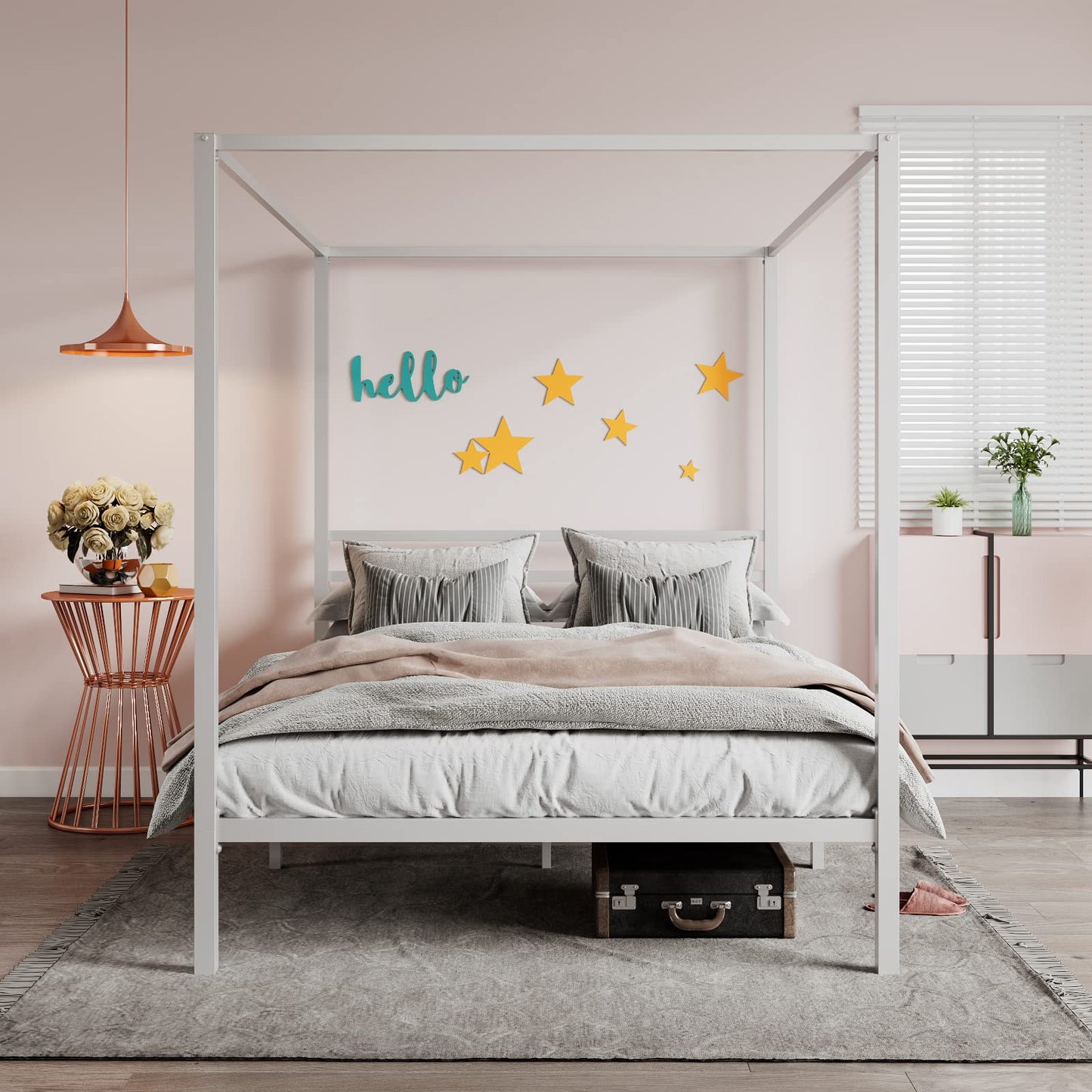 SHA CERLIN Metal Canopy Bed Frame Queen Size/Mattress Foundation with Metal Slats Support/No Box Spring Needed/Easy Assembly/White
