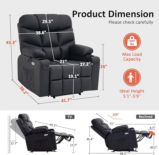 MCombo Oversized Power Lift Recliner Chair with Extended Footrest, Extra Wide 27.2" for Big and Tall Elderly People, Faux Leather R7289 (Black, Medium-Oversize)