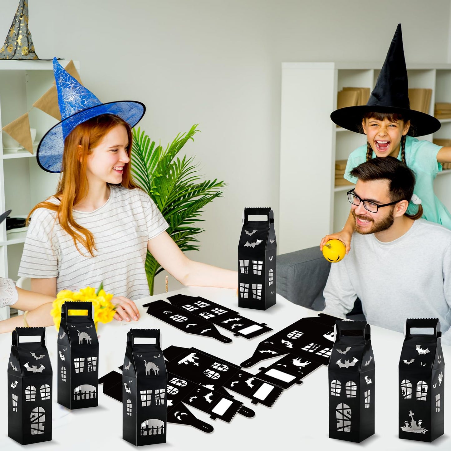 CHUNNIN 24pc Haunted House Gift Boxes for Halloween Party Decorations - House Shaped Treat Boxes with Handle