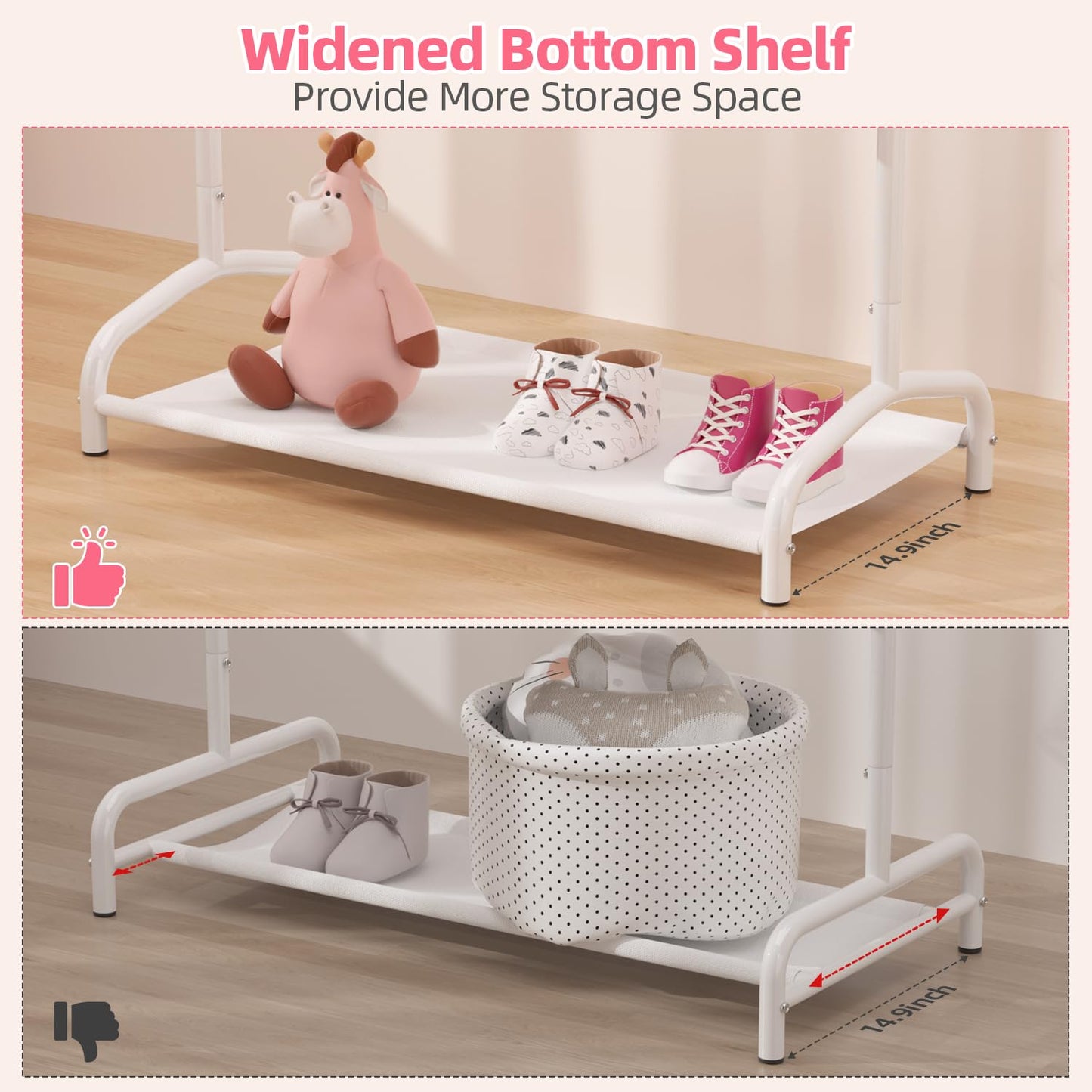 EAGMAK Kids Clothing Rack, Baby Clothes Rack with Bottom Storage Shelf, Kids Dress Up Rack for Little Girls, Metal Coat Rack Toddler Closet Organizer, Costume Garment Rack for Hanging Clothes (White)