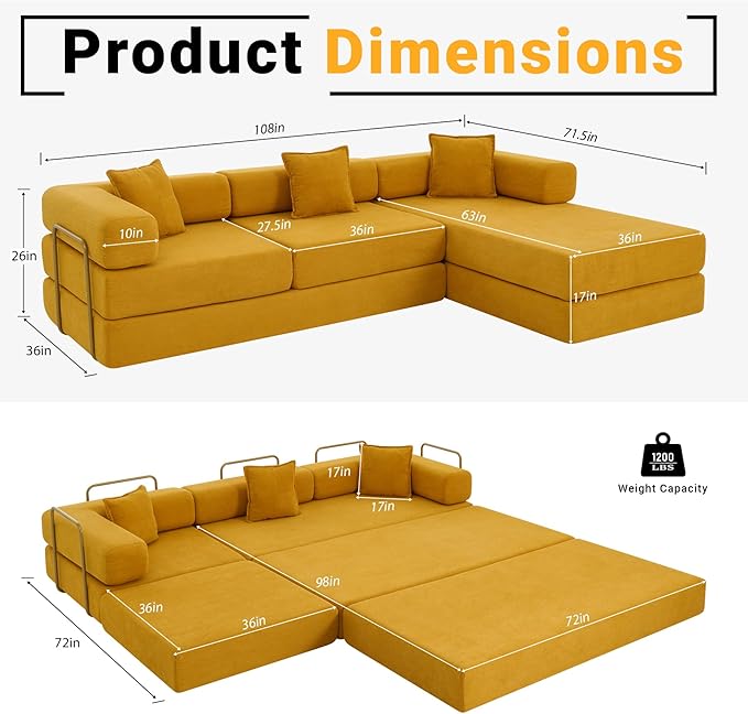 108" Oversized Convertible Sleeper Sofa Bed, Corduroy L Shape Sectional Couch, Folding Sofa Bed with Fixed-Shape Frame, Modern Cloud Floor Mattress Couch, Modular Sofa for Living Room, Yellow