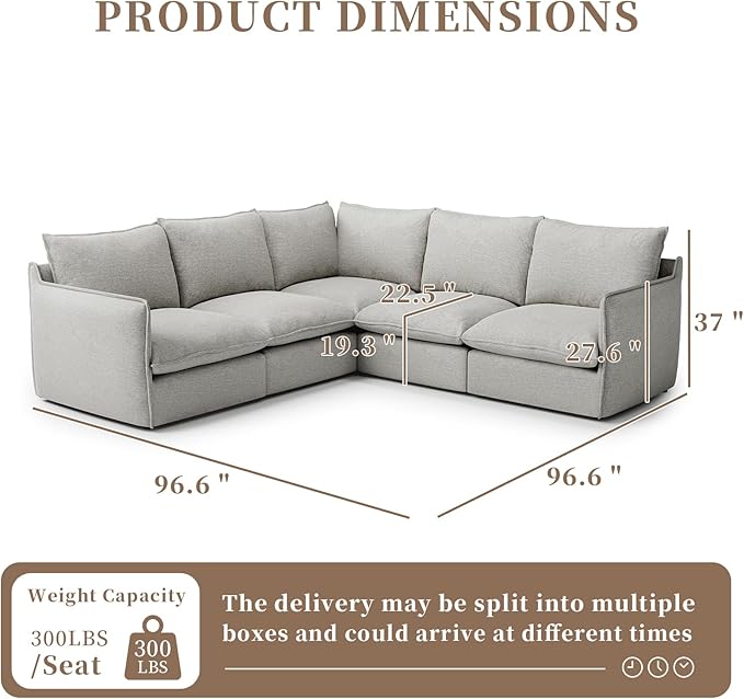 Gtilzria Waterproof Cloud Sectional Sofa for Living Room,High Backrest Down Filled Couch,5 Seater Oversized Modular V-Shaped Couches,Detachable Couch Covers,Light Grey