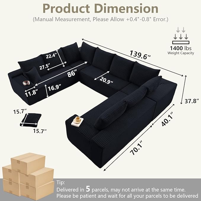 Sectional Cloud Couch for Living Room, Modular Floor Deep-Seat Sofa, Big Comfy Corduroy Couches Set with Fluffy Memory Foam, Stupendous U Shaped Sofas with 12 Pillows, No Assembly Required, Black