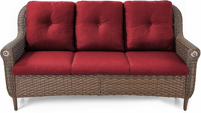 ACTREST Patio Couch Outdoor Wicker Sofa - Heavy Duty All-Weather Brown Rattan 3-Seater with High Back and Comfortable Thick Cushions for Garden Back Porch Poolside Apartment - Red