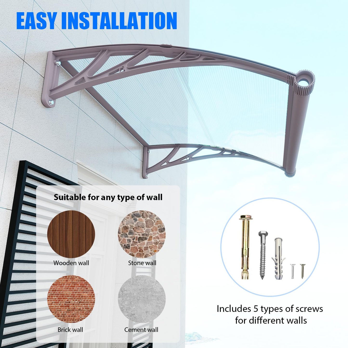 GGNEBAI Awning for Door Entrance,40x60 Inches Awnings for Doors with Separate Drainage,Front Door Awning Exterior,Polycarbonate UV, Rain, and Snow Protection for Porch,Patio,Window,Deck