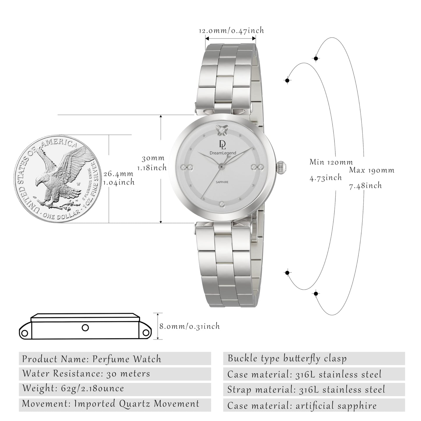 DL DreamLegend Fashion Aromatherapy Watches for Womens with Small Perfume Essential Oils Diffuser Ladies Watch Unique Stainless Steel Waterproof Analog Quartz Wristwatch(Butterfly Silver)
