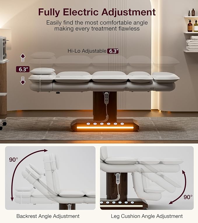 VARONXE Fully Electric Massage Table w/3 Motors, Professional Angle and Height Adjustable Spa Bed Facial Chair, Motorized Esthetician Bed Treatment Table for Beauty Salon, Stool Included, White