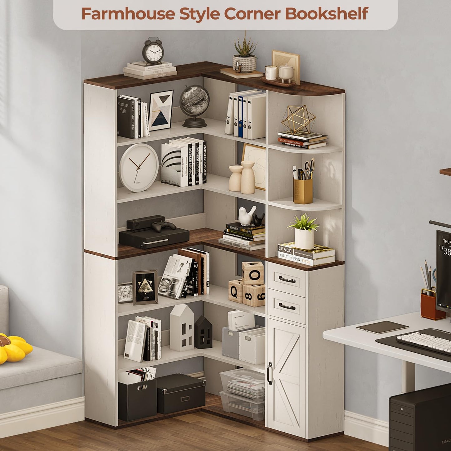 UPOSOJA 7-Shelf Farmhouse Corner Bookshelf with Lockers & Drawers, 71" L-Shaped Large Storage Shelf Display Rack for Bedroom, Living Room, Home Office (White Brown)