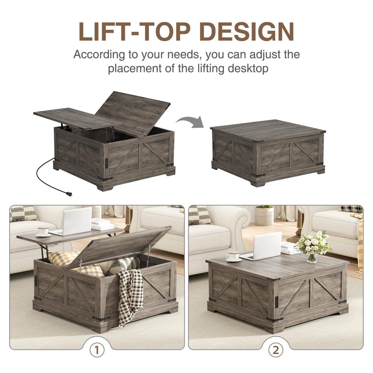Coffee Table with Storage, 31.5" W Farmhouse Lift Top Wood Square Center Table with Charging Station, Rustic Cocktail Tables with Flip Top Lids for Living Room, Home Office, Grey