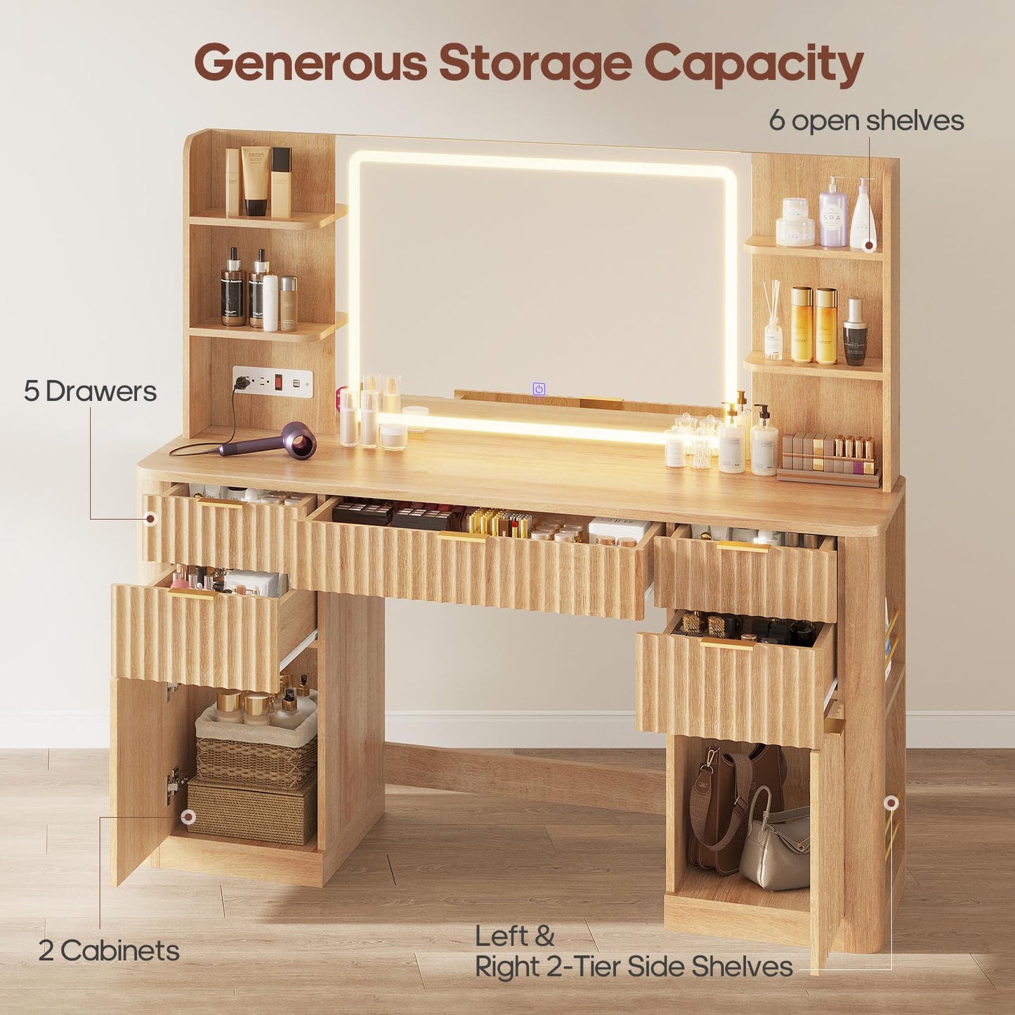 HAUOMS 51.2" Fluted Makeup Vanity Desk with Large 30.3" Mirror and Lights, 5 Drawer Vanity with Power Strip, 6 Open Shelves, 2 Cabinet，Modern Dressing Table with Solid Wood Legs for Bedroom, Oak