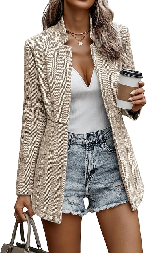 Mina Self 2026 Spring Women's Herringbone Tweed Blazer Jacket - Long Fully Lined Open Front Work Office Coat with Pockets