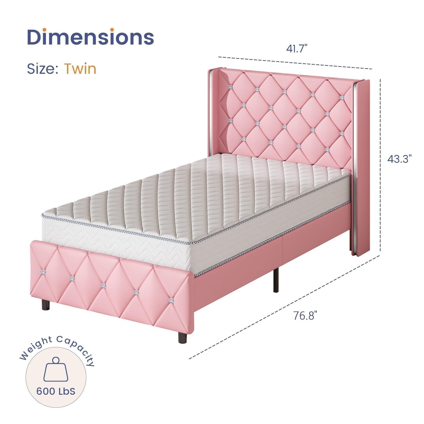 Twin Bed Frame with Headboard, Velvet Upholstered Bed with Diamond Tufted Design, Princess Twin Bed Frames for Kids, No Box Spring Required, Easy Assembly, Pink