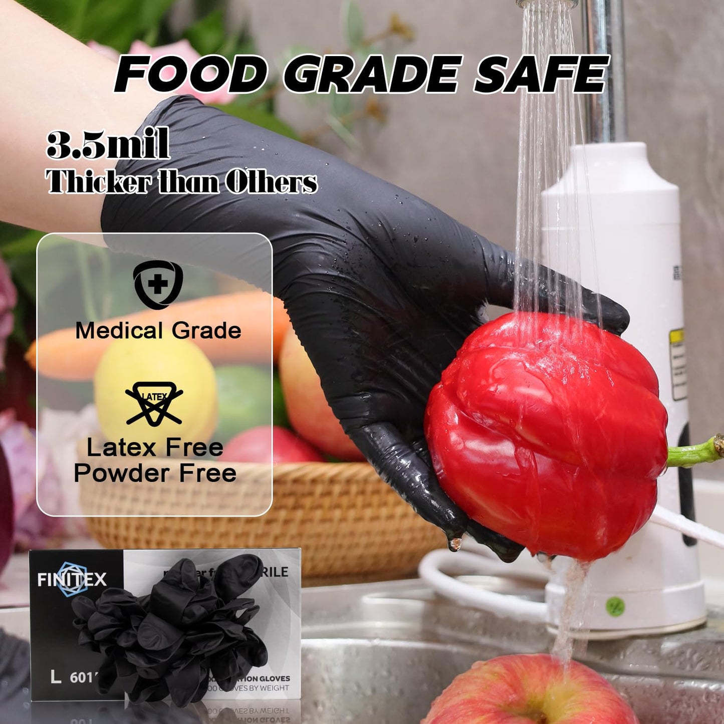 FINITEX Nitrile Disposable Latex-Free Gloves Black - 3.5mil 100PCS Powder-Free Cleaning Medical Exam Food Glove (Large)