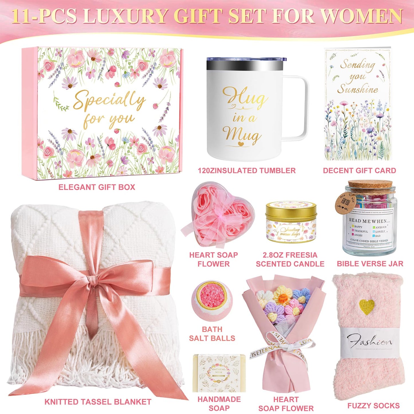 Gift Baskets for Women, 11 PCS Unique Birthday Gifts for Women, Self Care Gift Baskets, Thank You, Get Well, Sympathy Inspirational Friendship Gifts for Mom,Grandma, Sister,Friends (Pink)