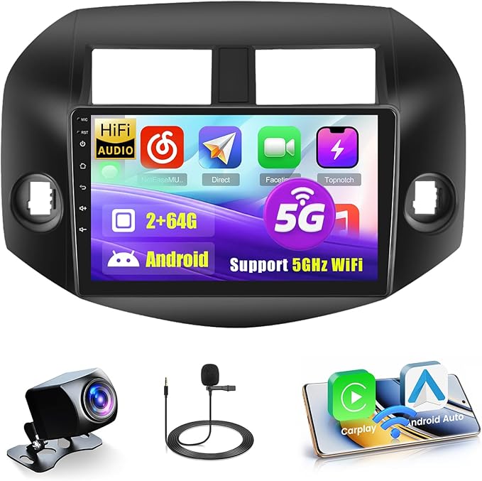 5GHz WiFi 2+64G Android Car Radio for 2006-2012 Toyota RAV4, 10.1'' Touchscreen Bluetooth Radio with Wireless CarPlay Andr...