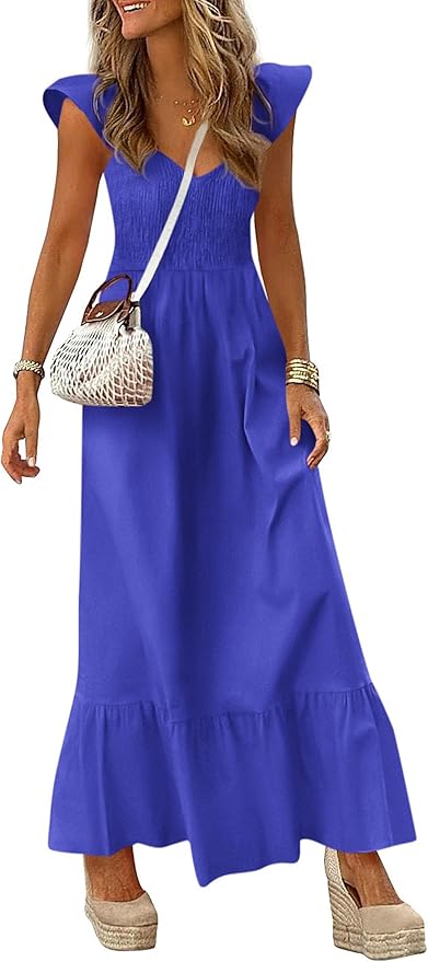 PRETTYGARDEN Women's 2026 Summer Casual Maxi Dresses Cap Sleeve V Neck Smocked Long Pockets Party Sundress Vacation Outfits