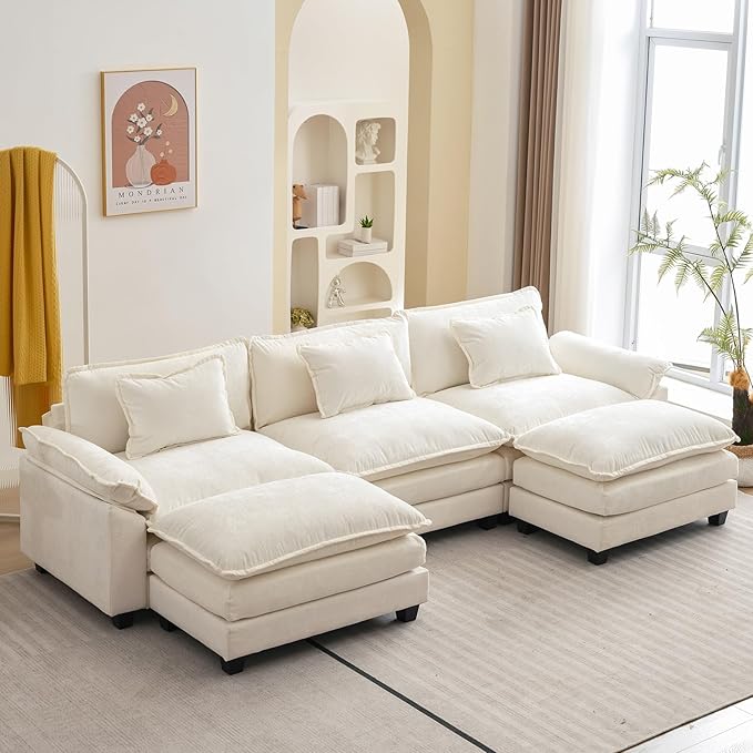 Oprisen 120" Modular Sectional Sofa, Comfy Cloud Couch Sectional Sofa with Ottoman, Chenille Sofa Sleeper Deep Seat Sofa with Throw Pillows for Living Room (Beige White, 120"- U Shape)