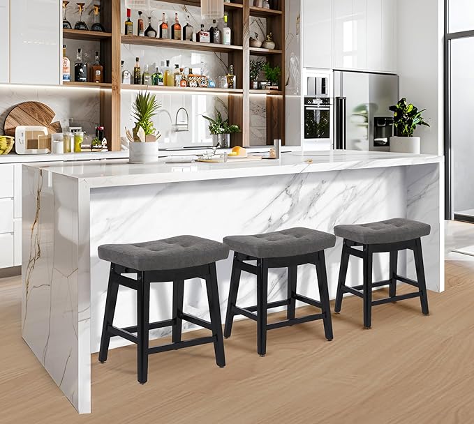 RNKSFX Counter Height Bar Stools Set of 2 for Kitchen Counter Farmhouse Modern Barstools with Faux Leather Upholstered Backless Seat and Solid Wood Legs 24 inch Bar Chairs, Grey + Black