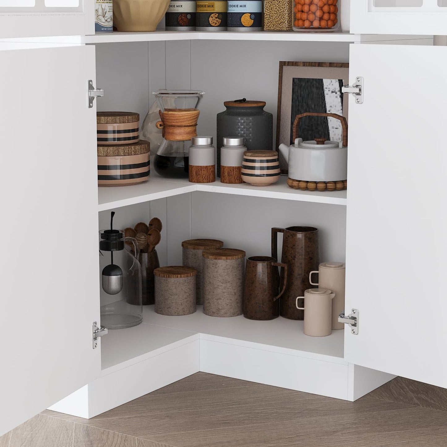ROMSHINE Corner Bookshelf with Glass Doors, L-Shaped Bookcase with 5-Tier Shelf, 78.9" Tall Kitchen Corner Storage Cabinet, Grilles Glass Display Cabinet for Living Room Home Office, White