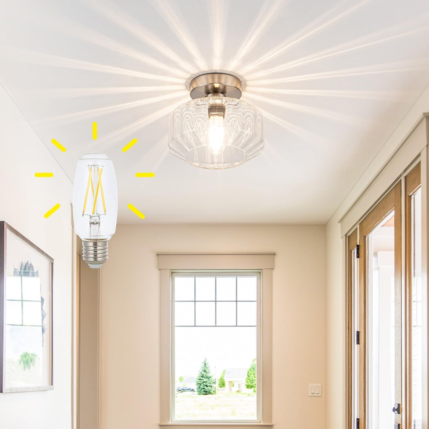 Tbaoinla Brushed Nickel Semi Flush Mount Ceiling Light Fixture with Textured Glass & Included 1200 Lumens LED Bulbs, Modern Hallway & Bathroom Light for Entryway, Kitchen, Laundry Room
