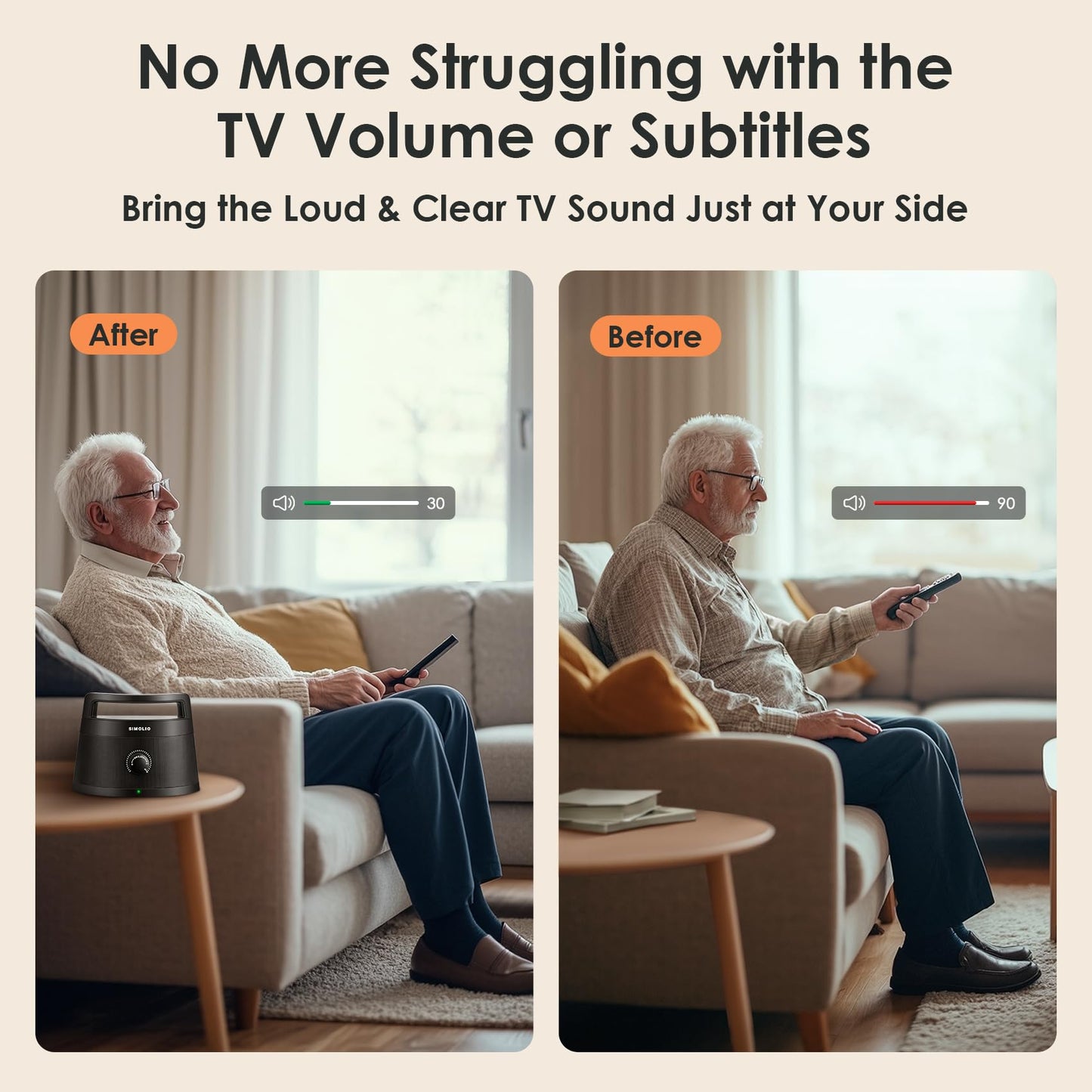 SIMOLIO Wireless TV Speakers for Seniors Hard of Hearing, 164ft Long Range, 3 EQ Modes, Voice Clarity Boost, Dual TV/Bluetooth Modes, Portable Rechargeable Speaker for TVs with Wired Headphones