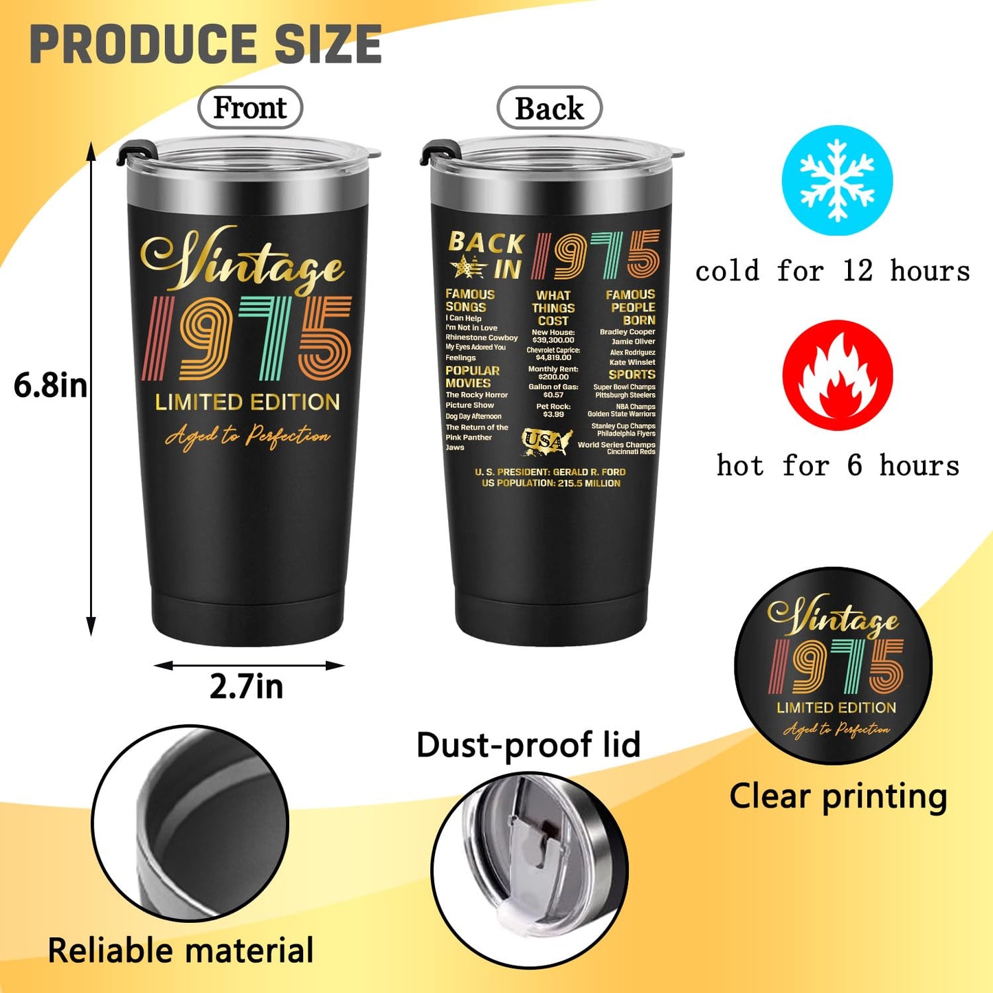 1975 50th Birthday Gift for Women and Men - 50th Gifts for Parents - 50th Class Reunion - Mom Dad Wife Husband Grandpa Grandma Present - 20oz Tumbler Cup Black