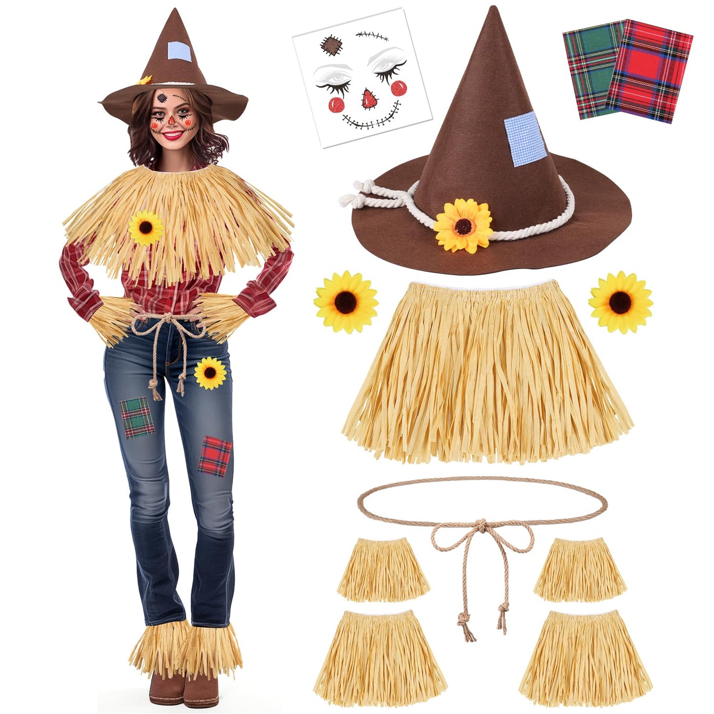 MOVINPE 12 Pieces Scarecrow Costume Kit for Adult Kids, Raffia Scarecrow Accessories Felt Hat Rope Face Decals Sunflower Patchwork for Halloween Harvest Cosplay Party Brown