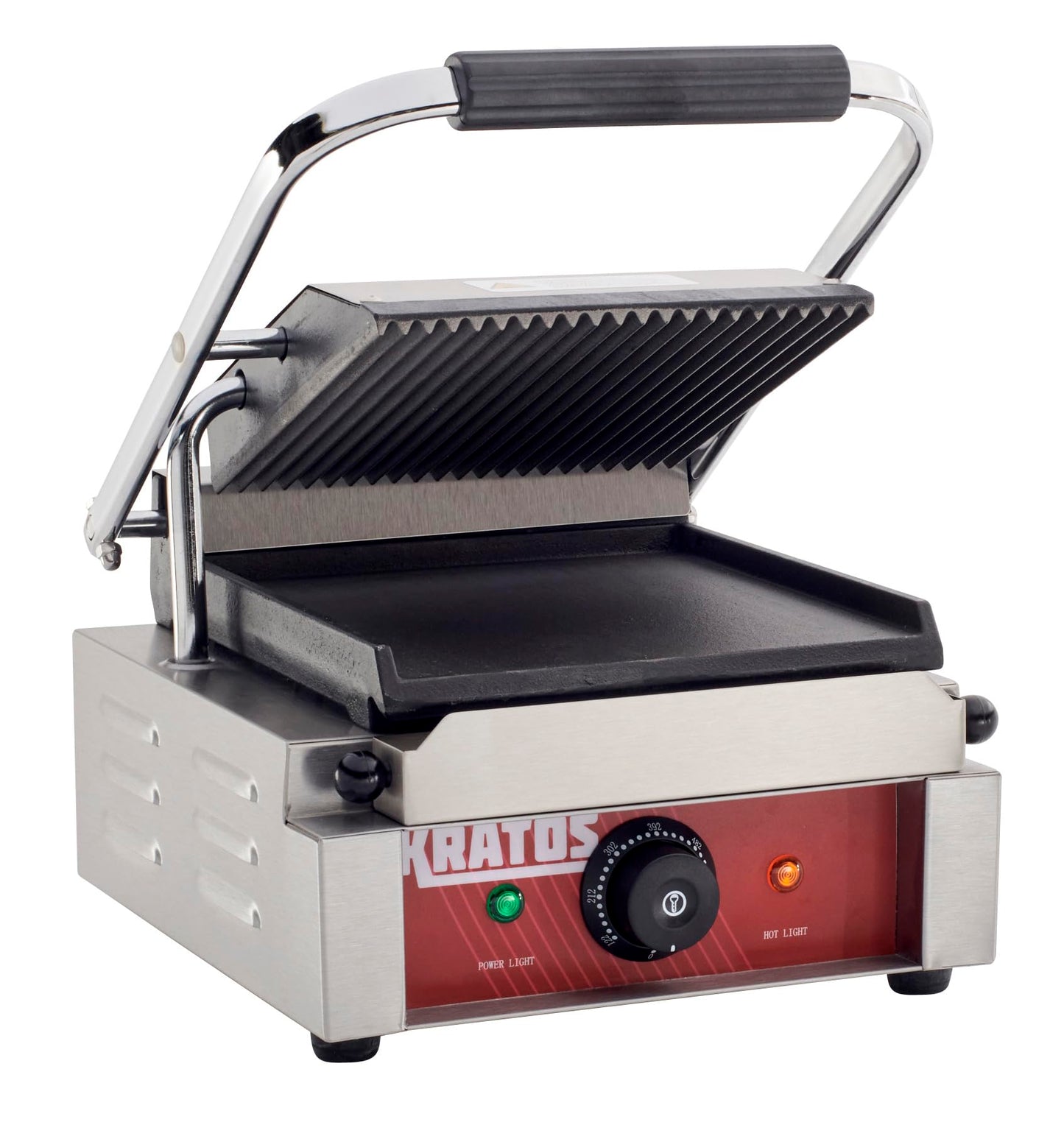 Kratos Commercial Electric Panini Sandwich Grill with Grooved Top and Smooth Bottom Plates, 9" x 9" Cooking Surface, Commercial Countertop Panini Press, 120V, 1750W (29Y-019)