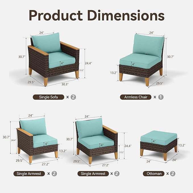 GREEN PARTY 9 Pieces Wicker Patio Furniture Set, All-Weather Outdoor Rattan Patio Sectional Sofa Conversation Set 9 Seats with 4" Thick Cushions for Garden, Backyard, 2 x Ottomans (Blue)