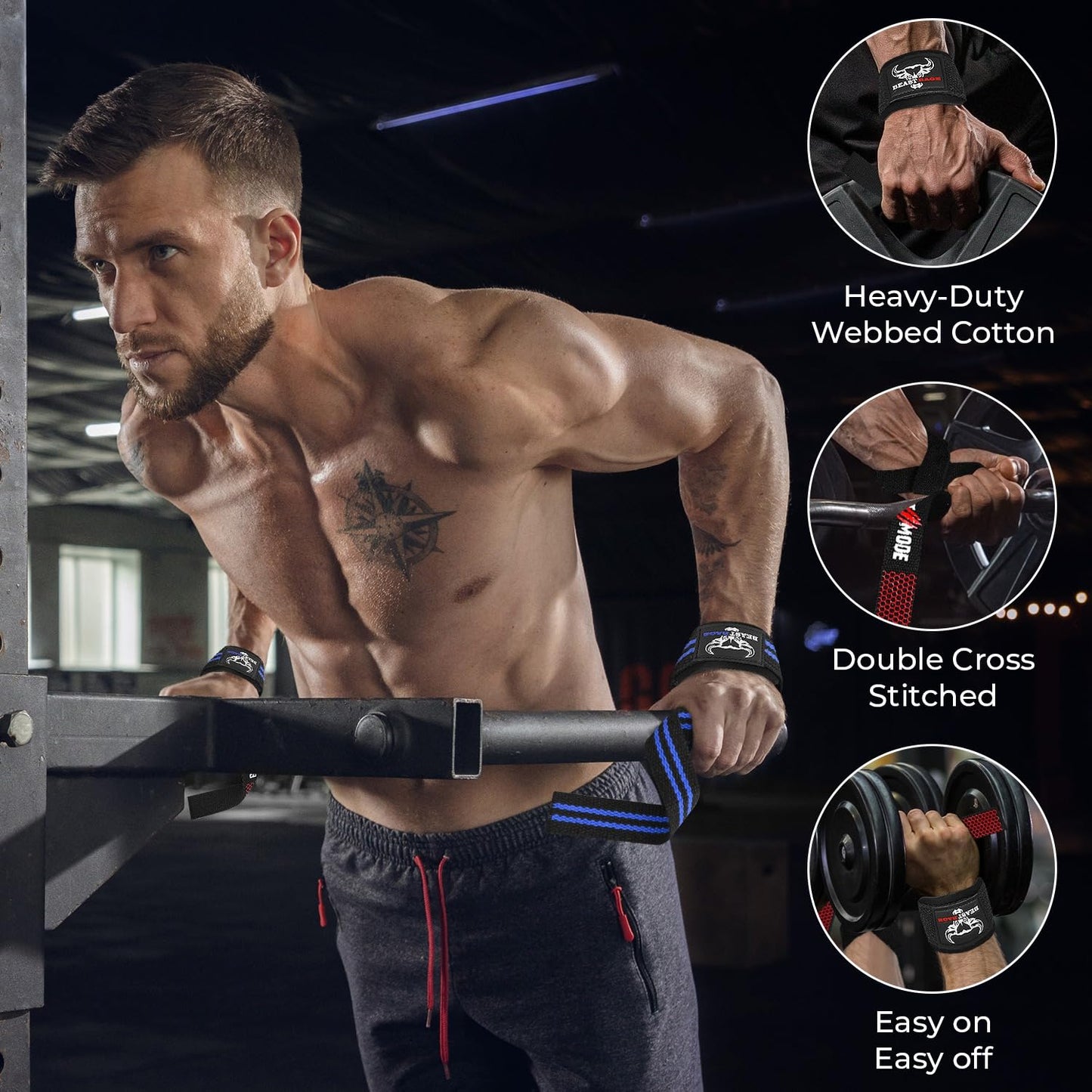 BEAST RAGE Lifting Wrist Straps for Weightlifting, Straps Gym Grip Power Workouts Lifting Straps Padded Cotton Men Women Wrap Lift, Deadlift Bodybuilding Weight Lifting Exercise Straps (Black/blue)