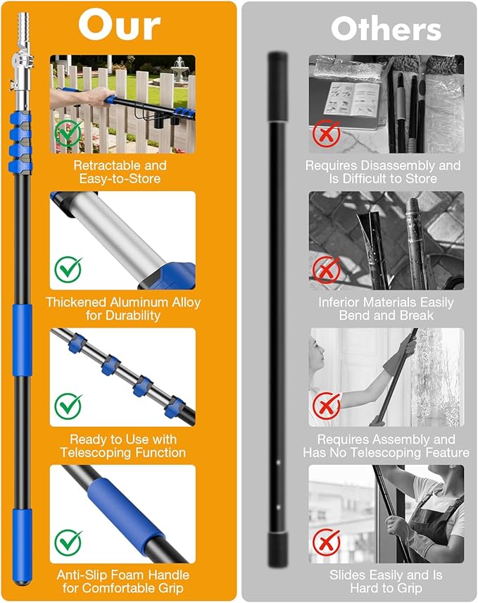 Telescoping Pole, 5-20 Ft with Joint Angle & Squeegee Adaptor, Aluminum Telescopic Paint Roller Extension Pole & Extendable Pole, Anti-Slip Foam Grip, Multi-Purpose Gutter Window Dust Cleaning Pole