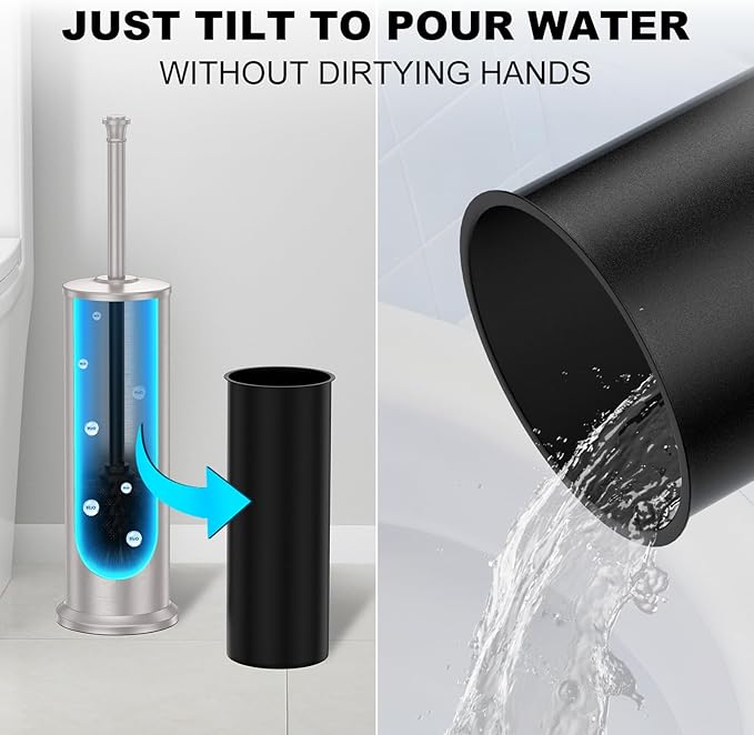 Stain Nickel Toilet Brush and Holder，Extra Long Handled Toilet Brush for Bathroom，Stainless Steel Heavy Duty Toilet Bowl Brush,Removable Inner Bowl,Deep Cleaning Dense Bristles Brush -Space Saving