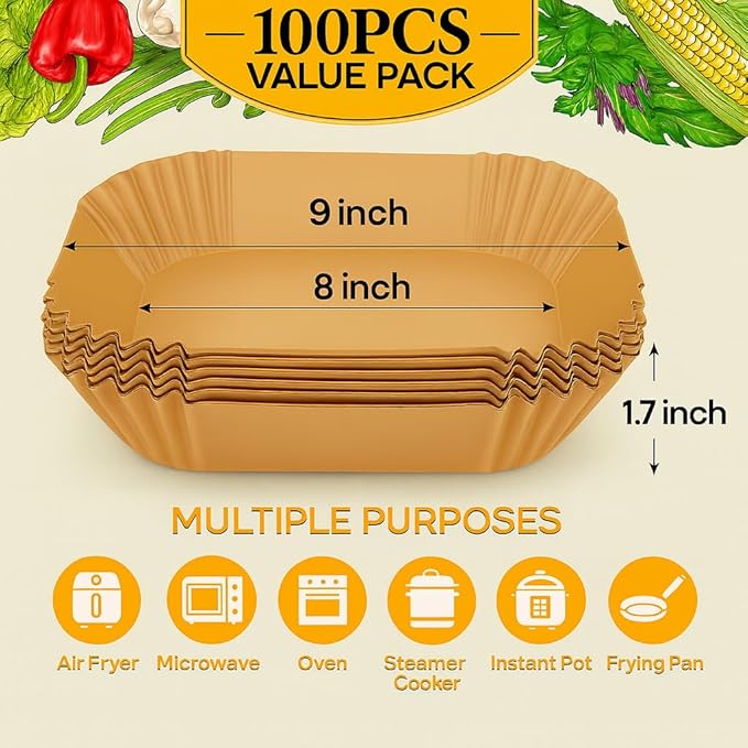 BYKITCHEN Air Fryer Sheets Liners for Ninja AG301 Grill, AF141 Pro 4-in-1 & More, 9in Disposable Square Air Fryer Parchment Paper Filters for 5 to 8 Qt, Ninja Foodi Grill Accessories(Set of 100)