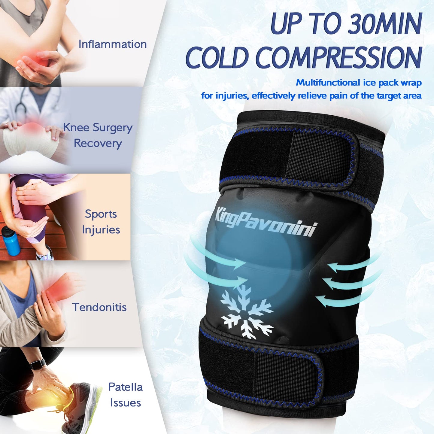 KingPavonini XXL Knee Ice Pack Wrap Around Entire Knee After Surgery, Large Reusable Gel Ice Pack for Injuries, Pain Relief, Swelling, Sports Injuries, 2 Pack (Black)