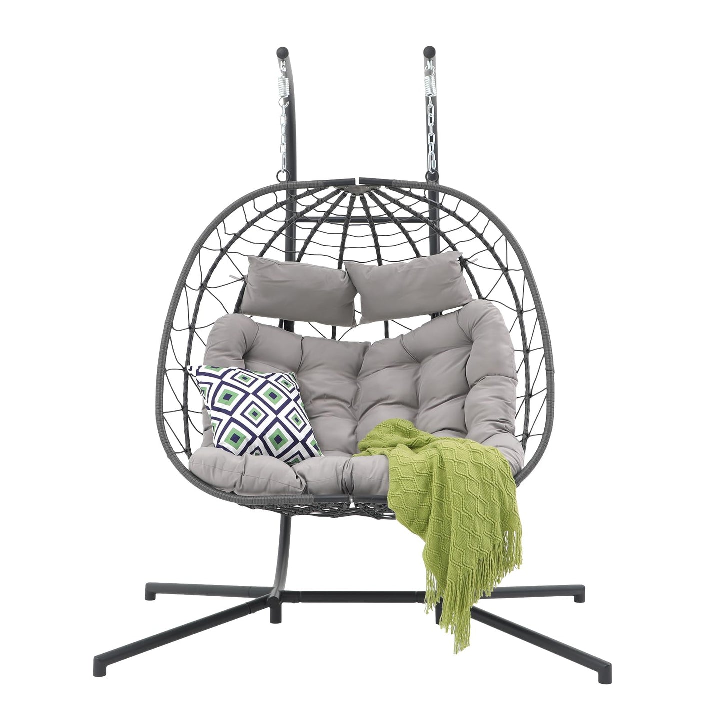Patiorama 2 Person Double Egg Swing Chair with Stand Indoor Outdoor, Patio Wicker Rattan Hanging Egg Chair w/Cushion, Pillow, Foldable Hammock Chair 550lbs for Bedroom, Balcony, Garden (Light Grey)