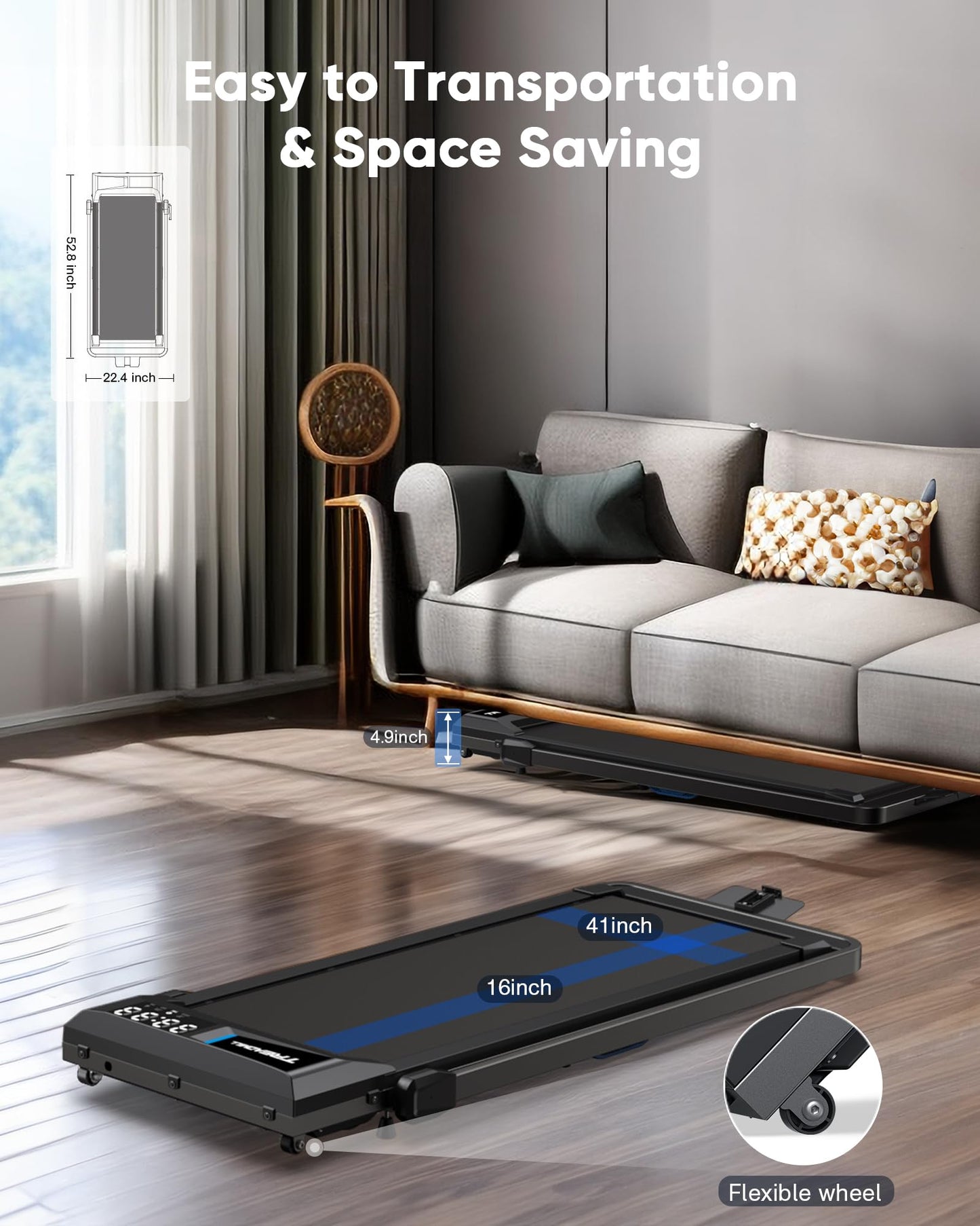 COZYINN 3HP 7.6MPH 350+lb Capacity Treadmills for Home, 10% Adjustable Incline Walking Pad, Portable Foldable Treadmill with 16"*41" Wide Running Area, Mute Control, Works with Smart APP