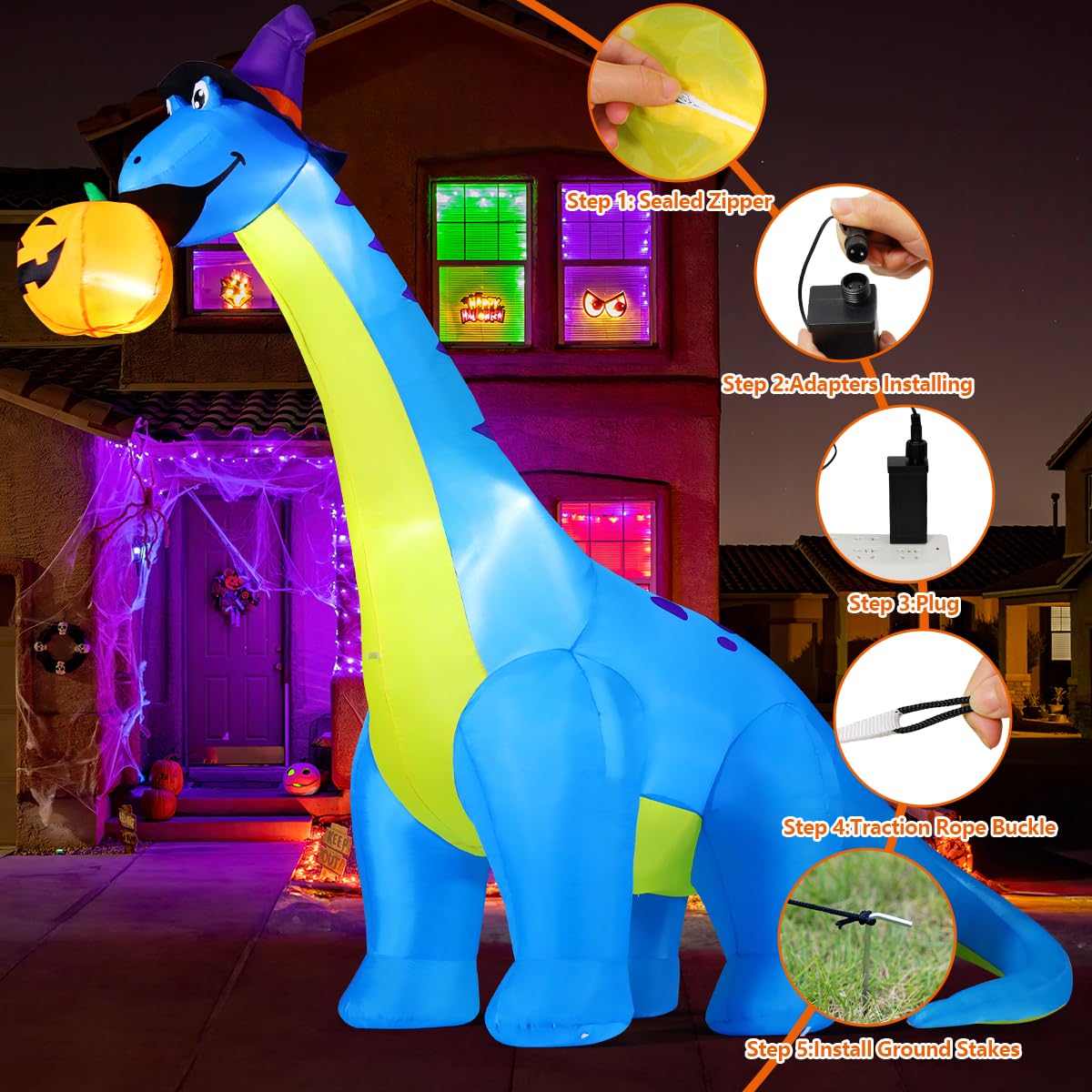 COMIN Halloween Inflatables Outdoor Decorations 10 FT Tall Dinosaurs Eating Pumpkin Blow Up Yard Decoration with Built-in LED for Yard Garden Party Lawn