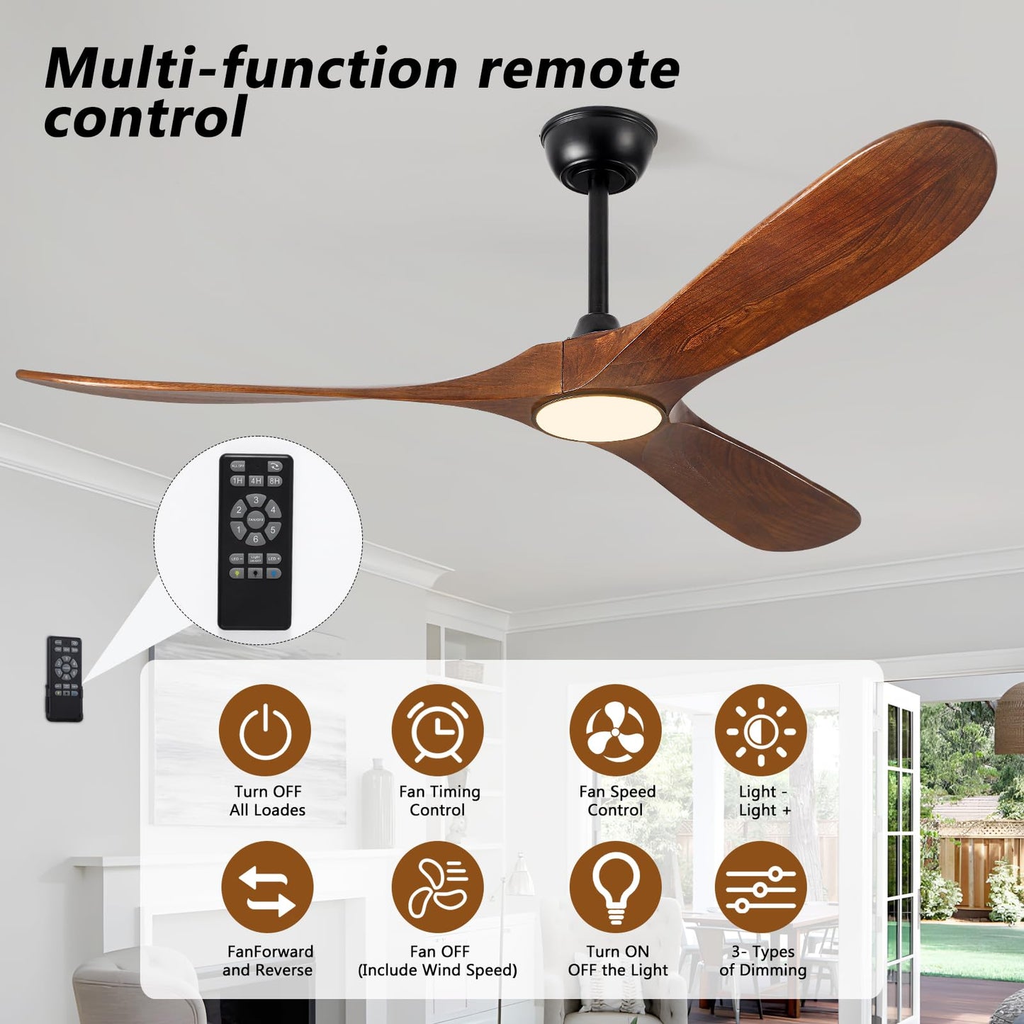 72" Ceiling Fan with Light and Remote, 6-Speed Dimmable Outdoor Ceiling Fan, High CFM Quiet 3 Blade Wood Ceiling Fan, Puoyro Modern Propeller Ceiling Fan for Outdoor Indoor Living Patio Porch (Walnut)