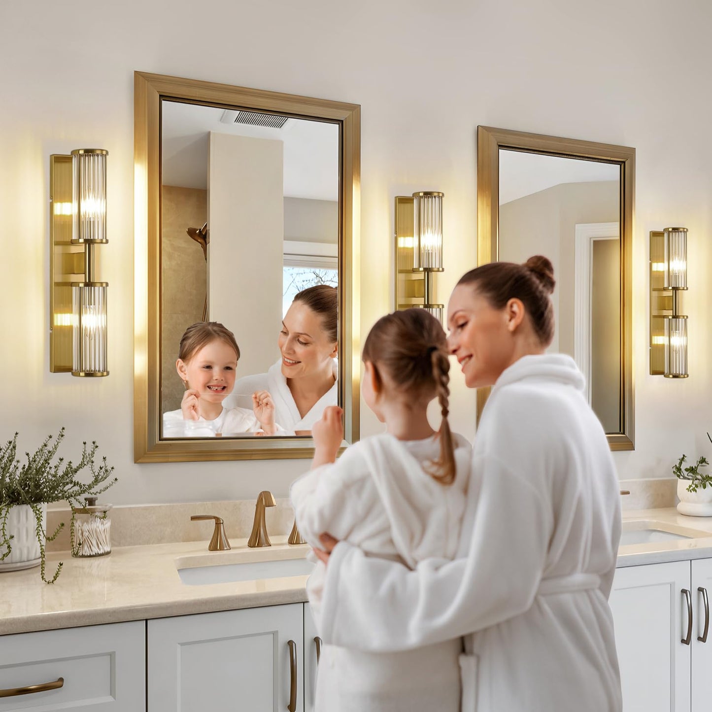 ECOBRT Set of 2 Brushed Brass Vanity Lights, Industrial Bathroom Wall Sconces with Glass Shades for Mirror Lighting